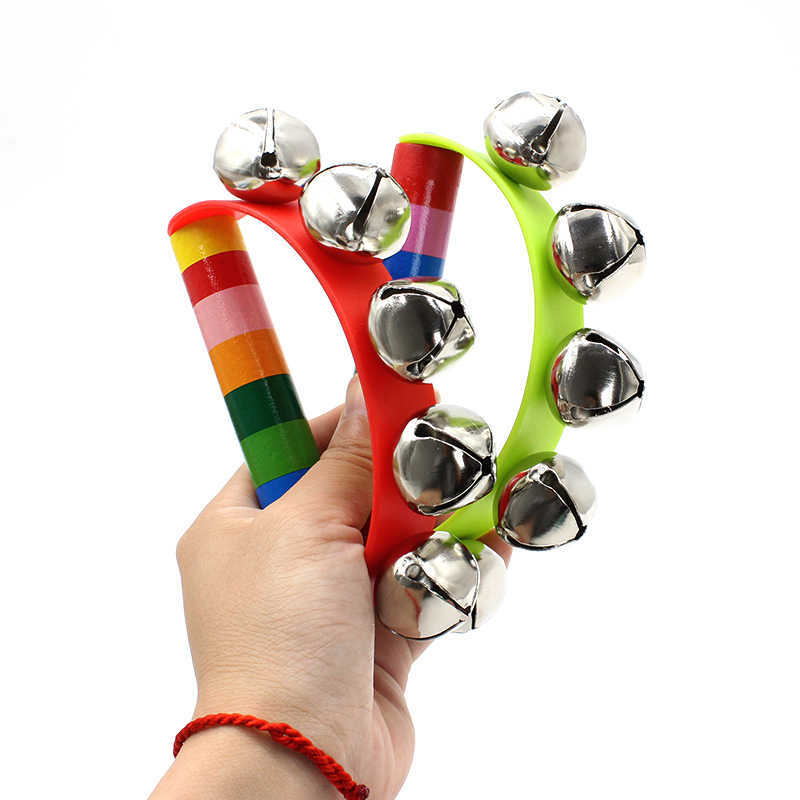 Musical Instrument You Shake - Rainbow Hand Jingle Bells Wooden Handle